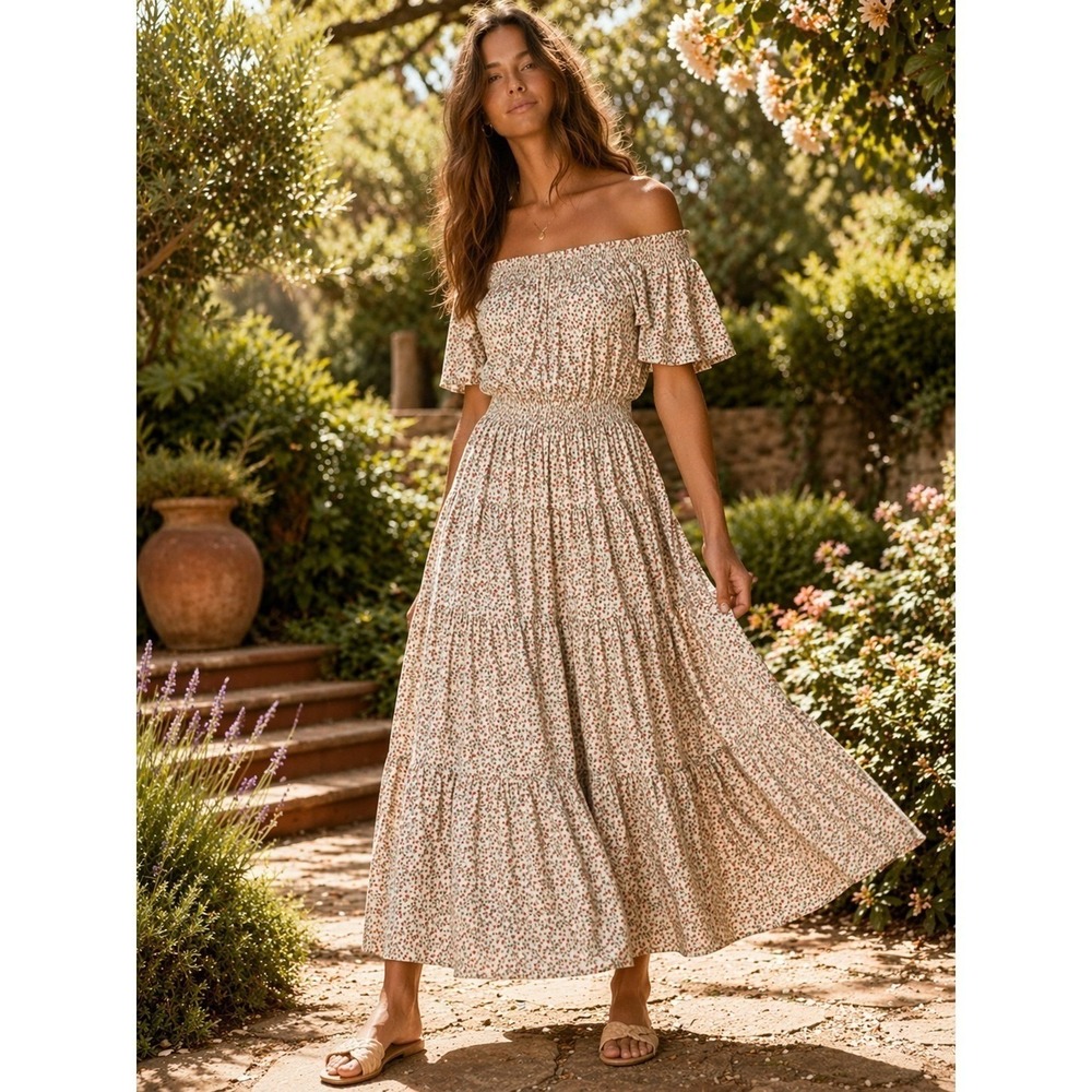 The Great Creek Dress Floral Smocked Tiered Maxi Flutter Sleeve Boho Medium